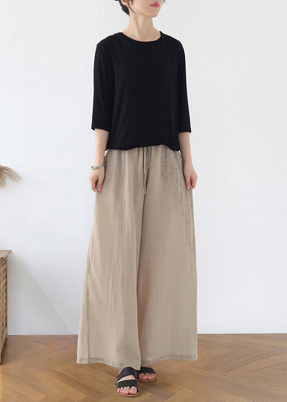 Apricot Embroideried Pockets Linen Wide Leg Pants Fall
