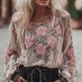 Comstylish Ladies' Casual Vintage Pink Floral White Long-sleeved Shirt