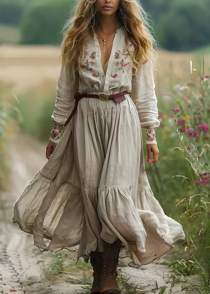 Beige V Neck Print Patchwork Cotton Long Dress Spring