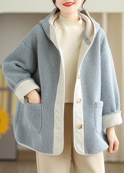 Apricot Hooded Pockets Patchwork Faux Fur Warm Fleece Coat Winter