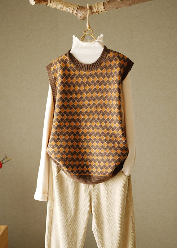 Navy O-neck Plaid Knitted Cotton Thread Waistcoat Fall