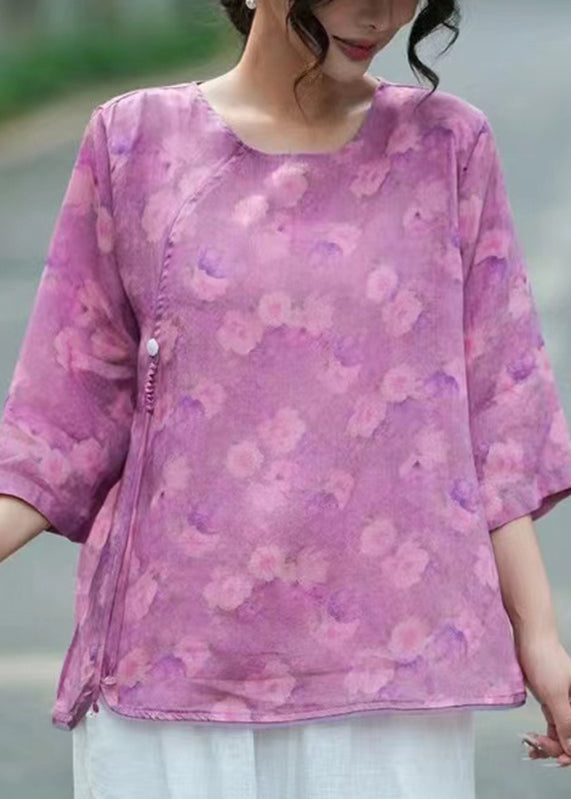 Light Purple O-neck Print Linen Tops Bracelet Sleeve