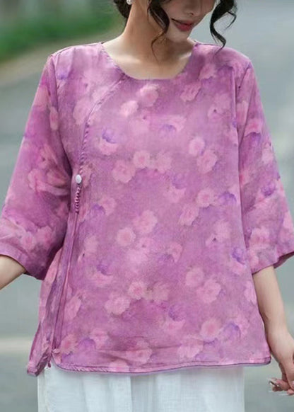 Light Purple O-neck Print Linen Tops Bracelet Sleeve