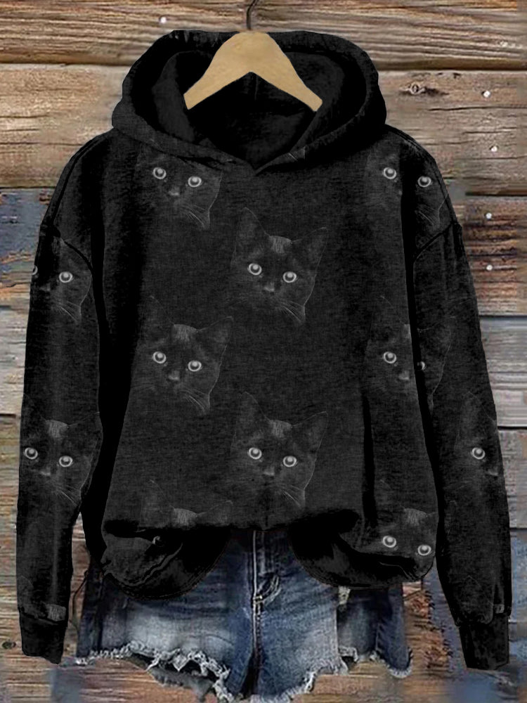 Cute Cat Face Pattern Washed Cozy Hoodie artswardrobe