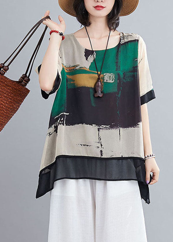 Green Asymmetrical Design Print Chiffon Tank Tops Short Sleeve