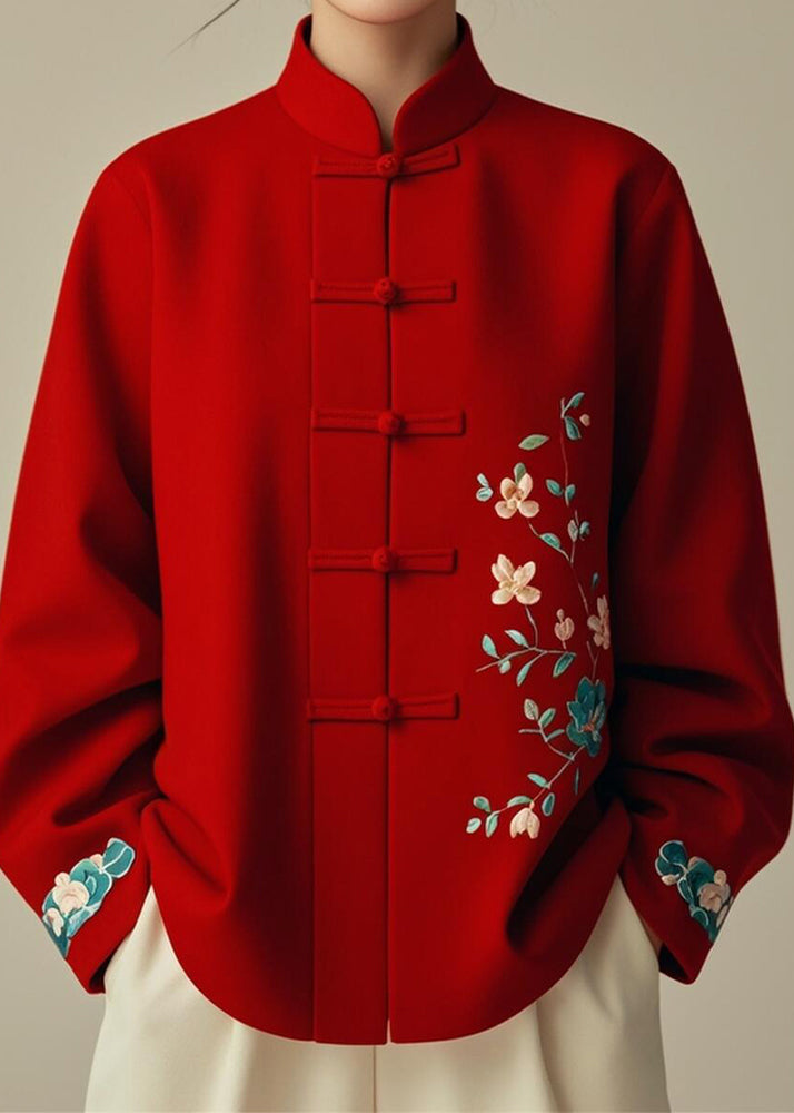 Red Stand Collar Print Cotton Coats Spring