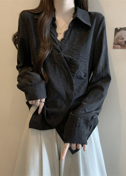 Black Asymmetrical Patchwork Silk Shirt Tops Fall