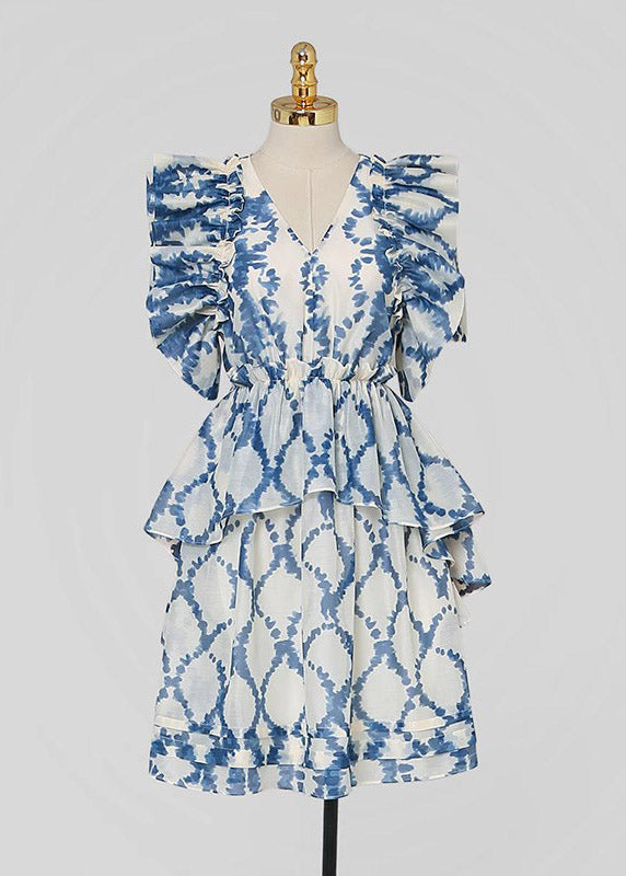 Blue V Neck Print Ruffled Patchwork Organza Mid Dress Summer