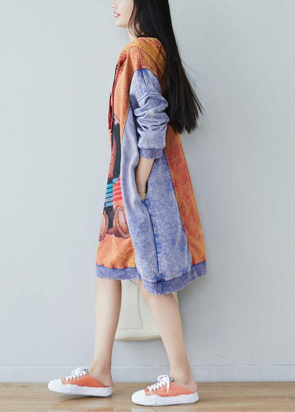 Style Orange Hooded Print Drawstring Fall Sweatshirts Dress