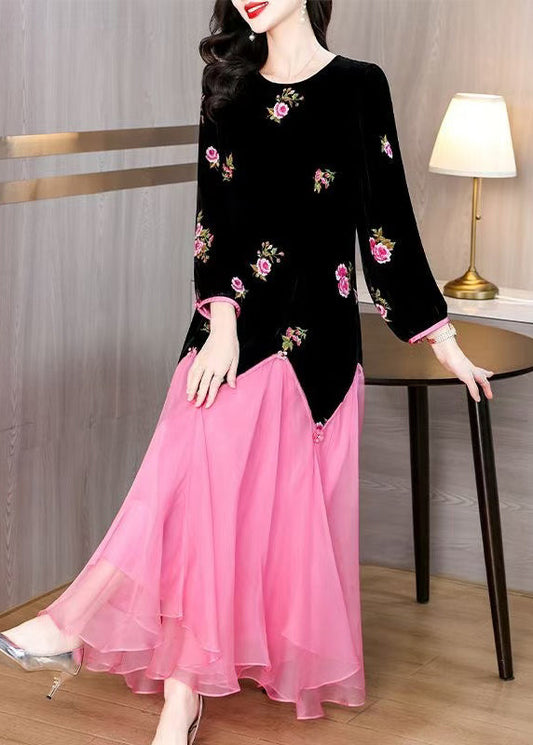 Black Embroidered Patchwork Silk Velour Long Dress Spring
