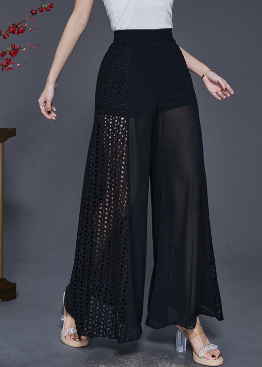 Black Hollow Out Patchwork Chiffon Wide Leg Pants Spring