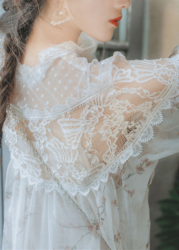 White Print Lace Patchwork Chiffon Two Pieces Dresses Fall