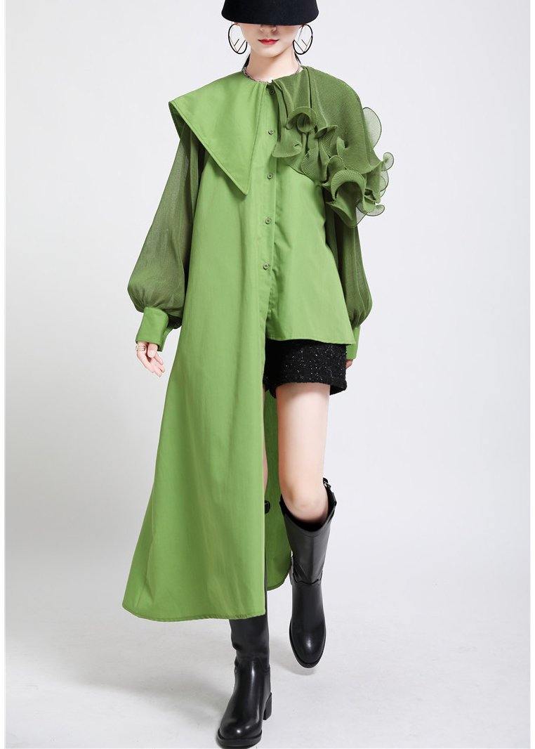 Natural Green Lantern Sleeve Button Chiffon Top