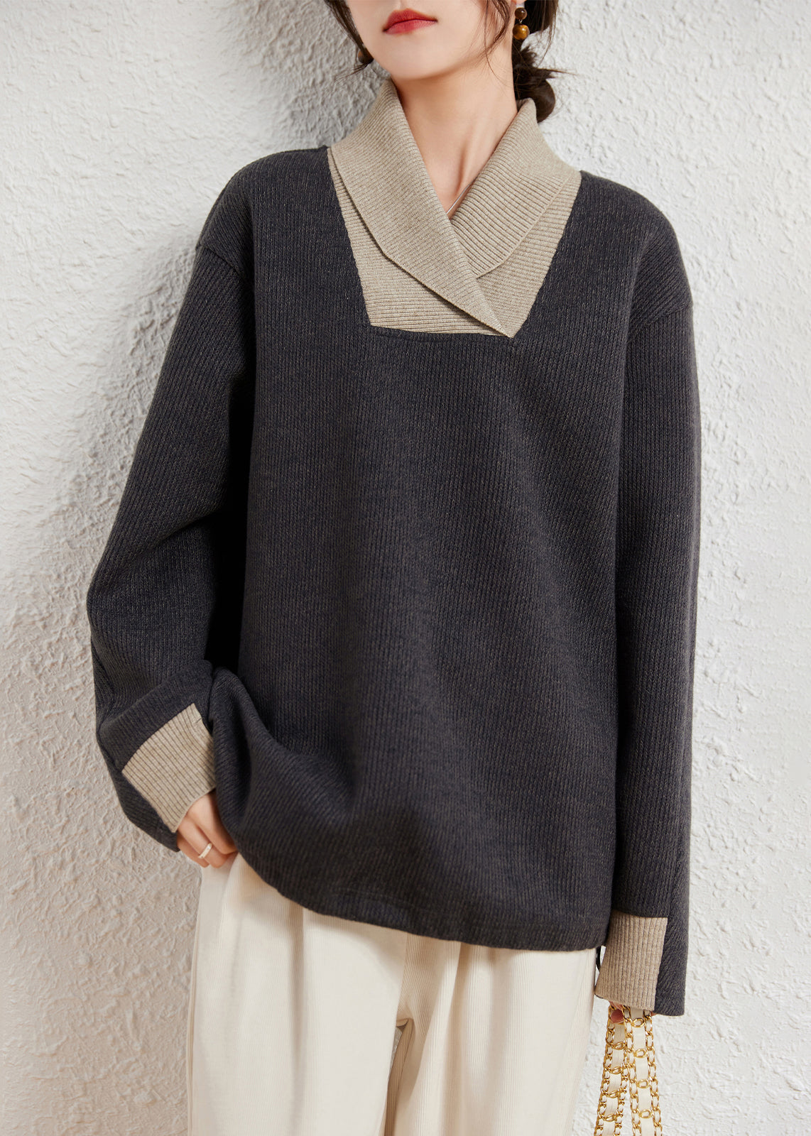 Grey Peter Pan Collar Patchwork Knit Sweater Winter