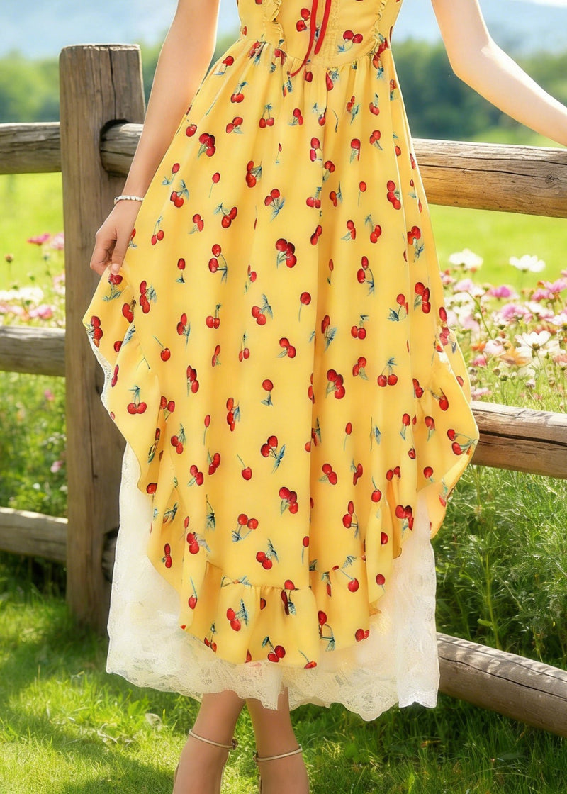 Yellow Backless Print Spaghetti Strap Dress and White Lace Skirt Cotton Two Piece Set Sleeveless
