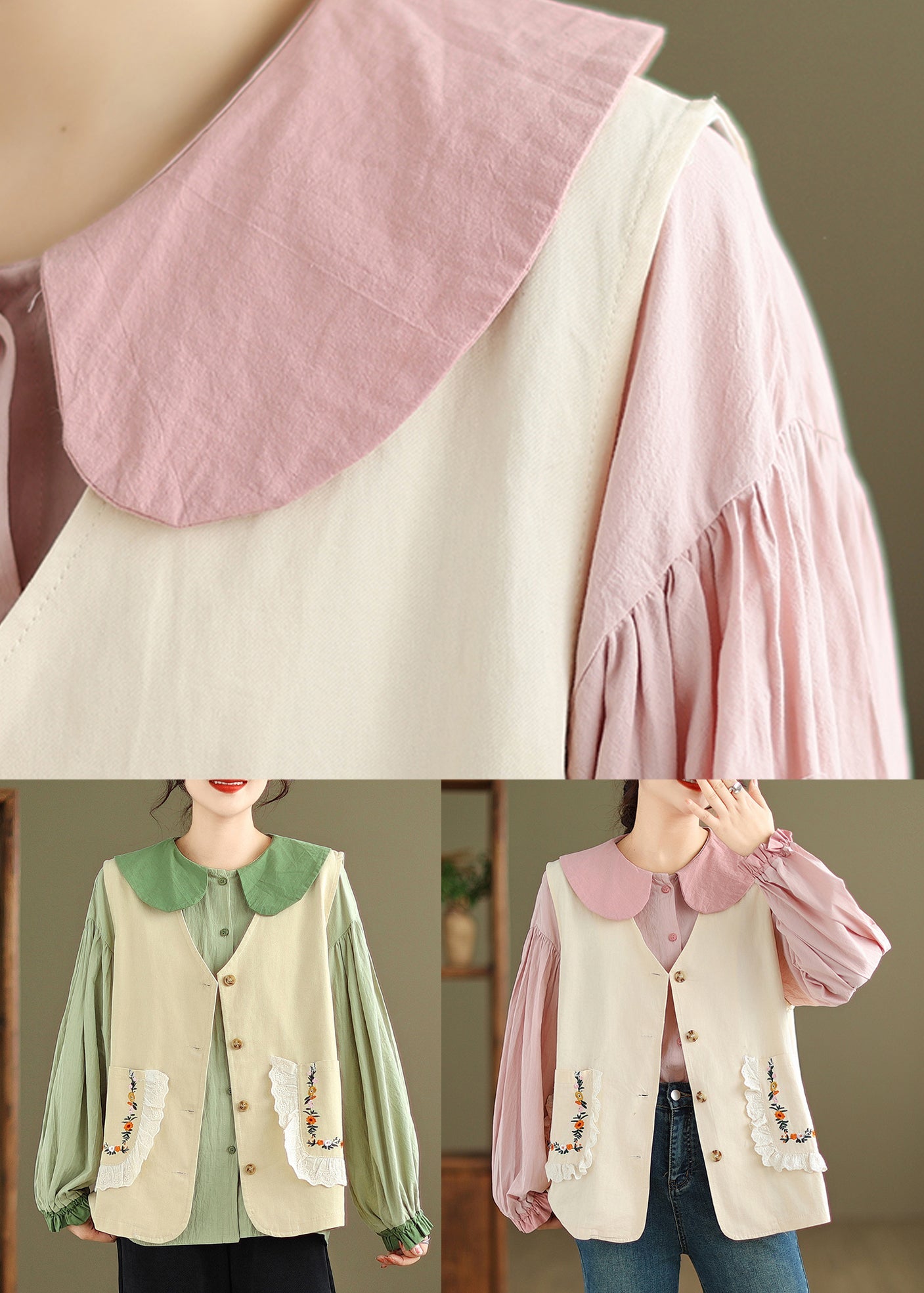New Khaki Waistcoat and Green Ruffled Blouses Cotton 2 Piece Outfit Fall