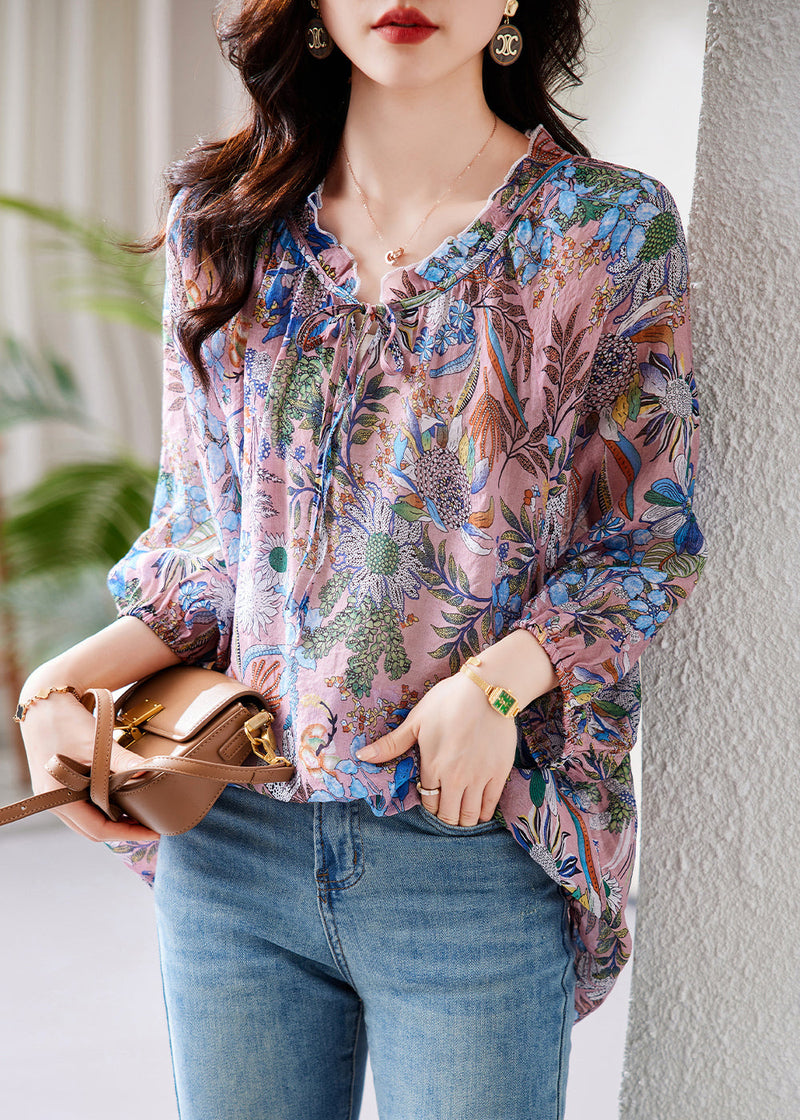 Purple Ruffled Print Lace Up Cotton Shirt Tops Fall