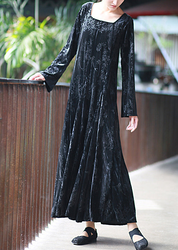 Black U Neck Print Velour Long Dresses Fall