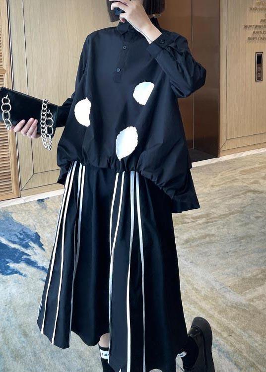 Organic Black Dot Cinched Low High Design Cotton Shirt Tops
