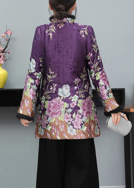 Purple Fur Collar Print Fine Cotton Filled Coat Long Sleeve