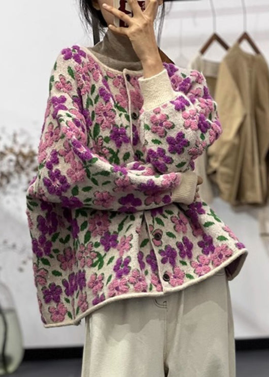Light Purple O Neck Button Cotton Knit Coat Long Sleeve