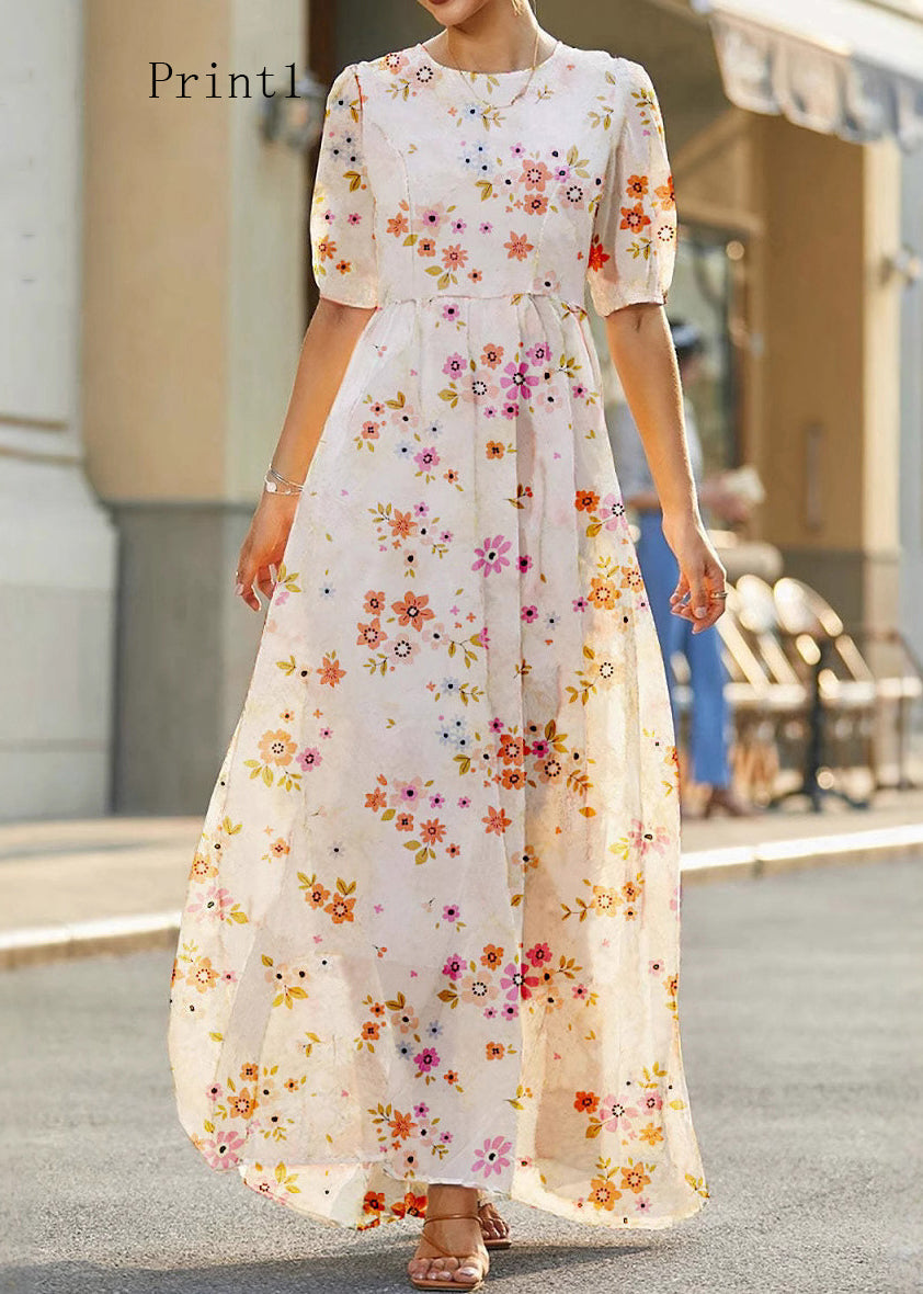 O Neck Print High Waist Cotton Long Dress Summer