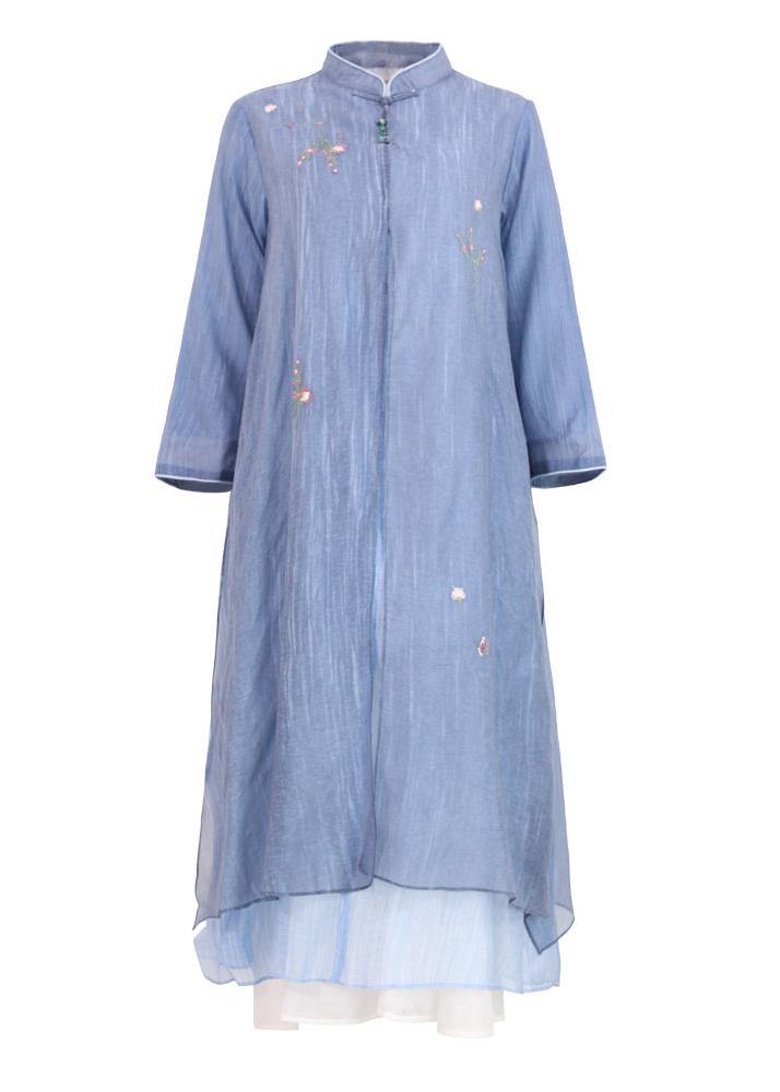 Blue Print Patchwork Button Summer Blended Holiday Dress