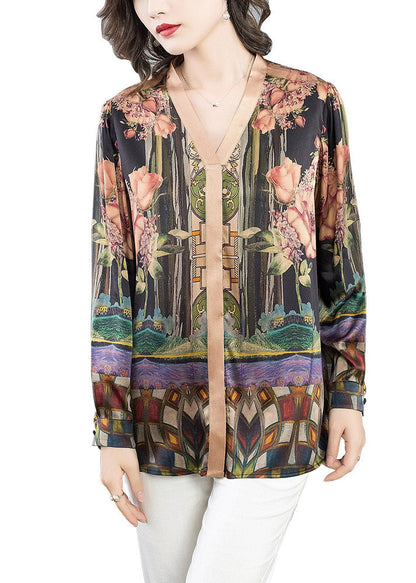 V Neck Print Silk Top Long Sleeve