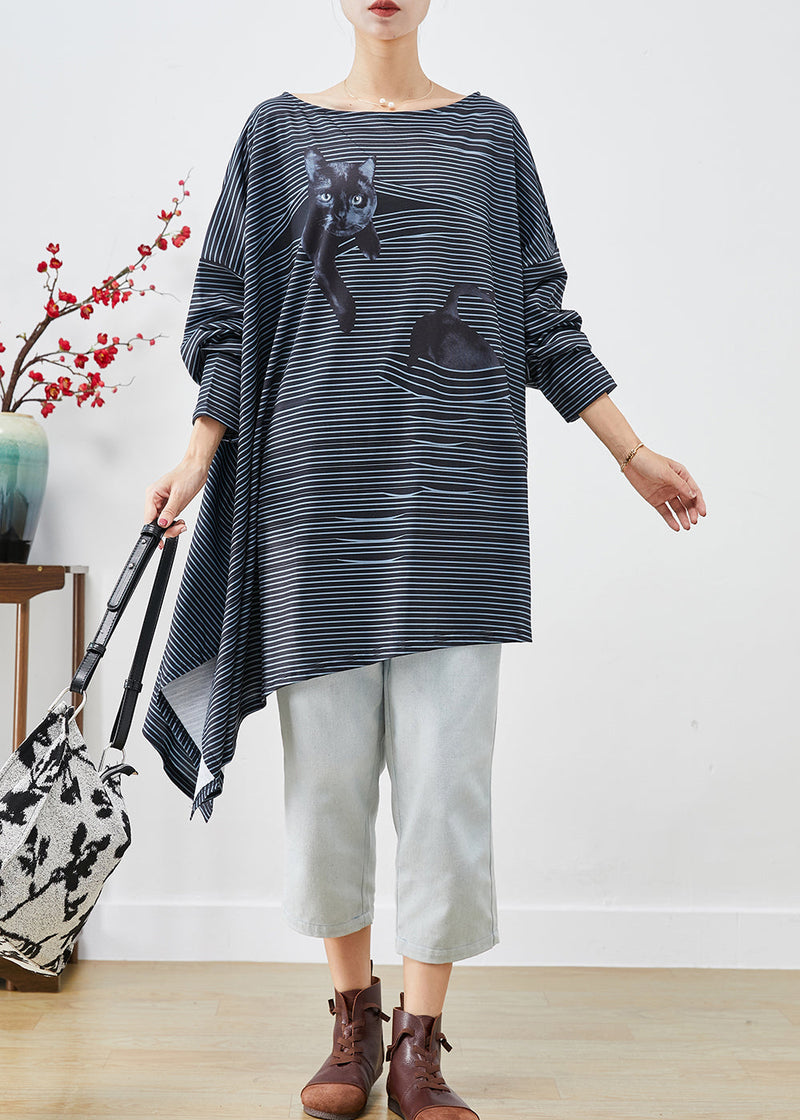 Black Asymmetrical Striped Cotton Blouses Fall
