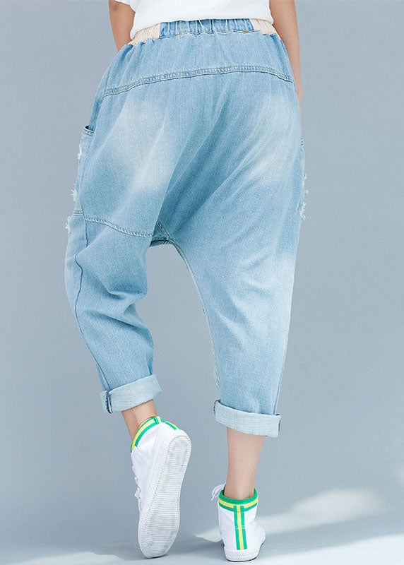 Dark Blue Asymmetrical Pockets Elastic Waist Ripped Jeans Spring