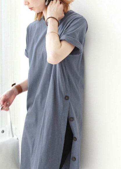 Light Blue O-neck Button Cotton Long T Shirt Short Sleeve