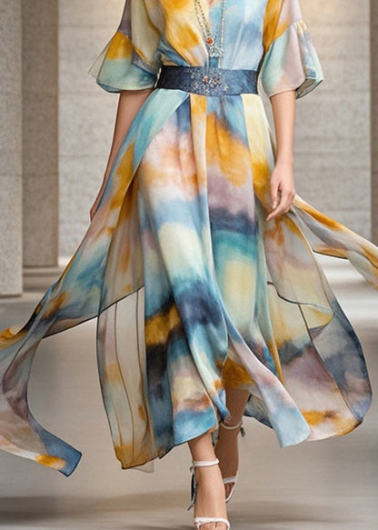 Khaki Cinched Tie Dye Chiffon Vacation Dresses Summer