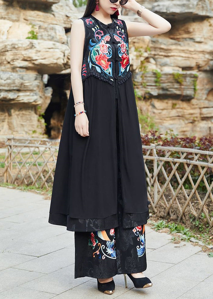 Black Embroideried Chinese Button Patchwork Silk Long Waistcoat Sleeveless