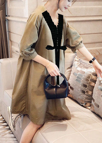 Khaki V Neck Bow Fall Half Sleeve Shirts Dress