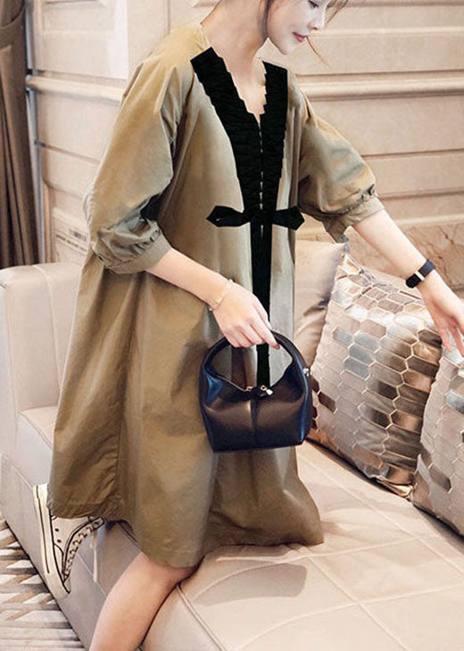 Khaki V Neck Bow Fall Half Sleeve Shirts Dress