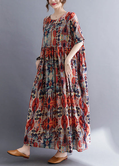 Long Red O-neck Patchwork Cozy Cotton Maxi Dresses Summer