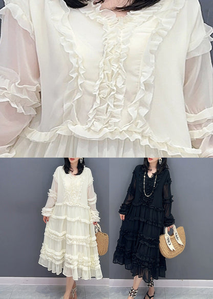 Brief White V Neck Ruffled Chiffon Long Dress Spring