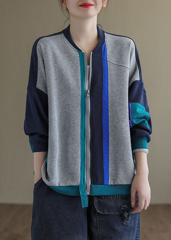 Loose Rose Zippered Patchwork Pockets Spring Long Sleeve Coat