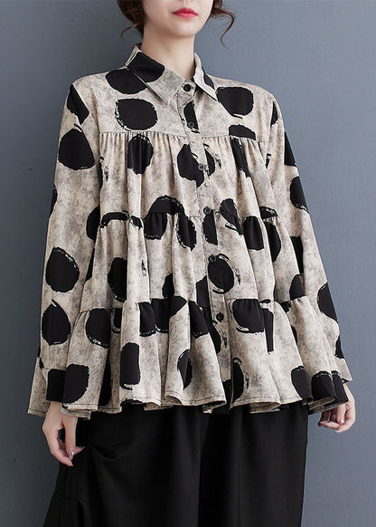 Black Peter Pan Collar Dot Wrinkled Cotton Shirts Fall