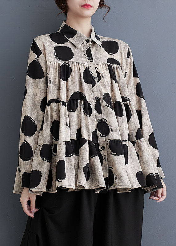 Black Peter Pan Collar Dot Wrinkled Cotton Shirts Fall