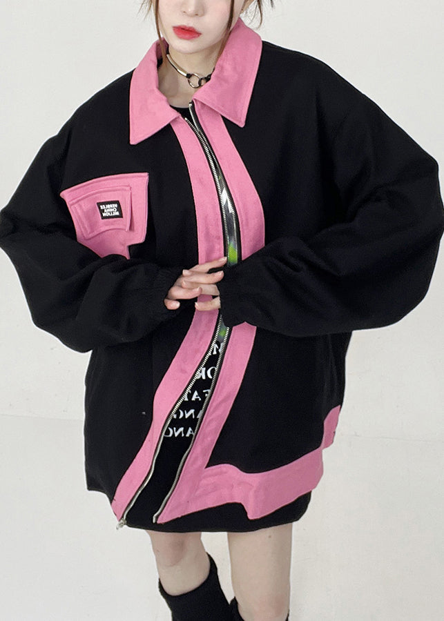 Black Peter Pan Collar Zip Up Cotton Coats Long Sleeve