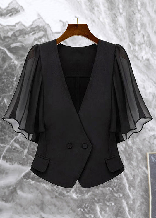 New Black V Neck Button Chiffon Patchwork Coat Butterfly Sleeve
