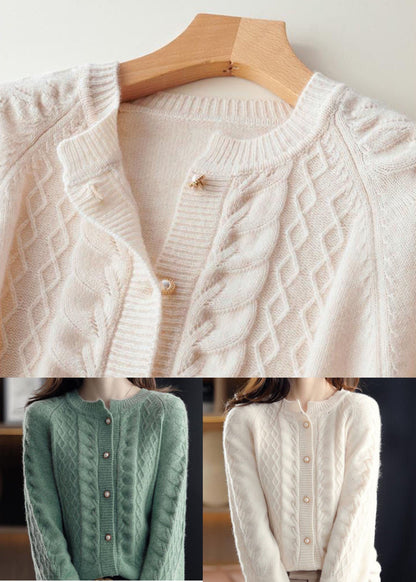 Green Warm Wool Cable Knit Cardigans O-neck Pearl Button Winter