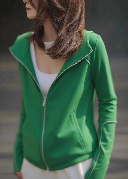 Green Zip Up Pockets Cotton Hoodie Coat Fall