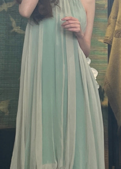 Boutique Green Halter Wrinkled Silk Dress Sleeveless Summer
