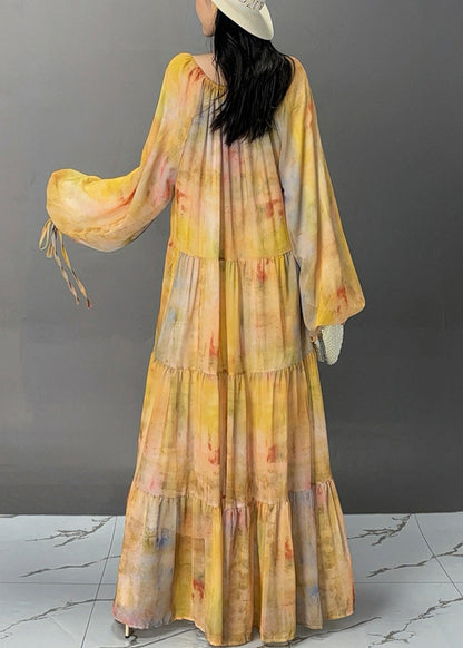 Yellow Lace Up Patchwork Cotton Maxi Dresses Fall