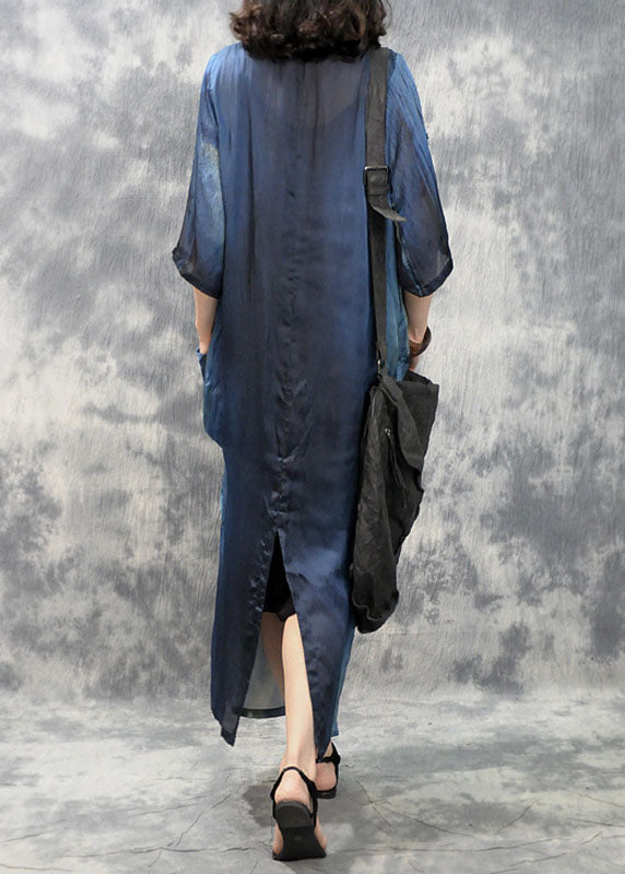 Blue Retro Asymmetrical Design Pockets Fall Maxi Dresses Half Sleeve