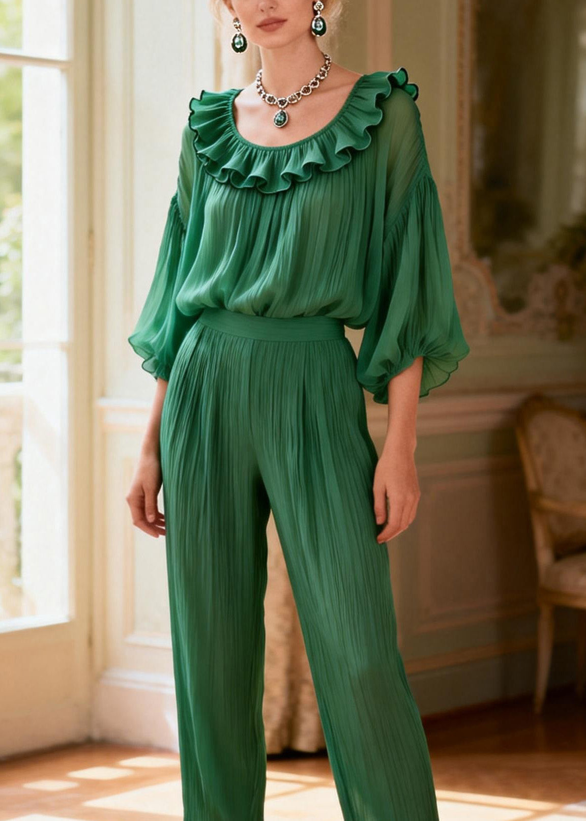 Green Ruffled Patchwork Silk Two Pieces Set Summer
