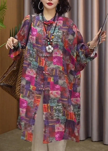 Stand Collar Print Chinese Button Cotton Mid Shirts Long Sleeve