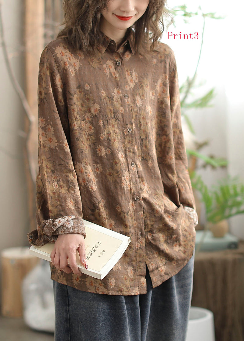 New Versatile Print Peter Pan Collar Cotton Shirt Long Sleeves